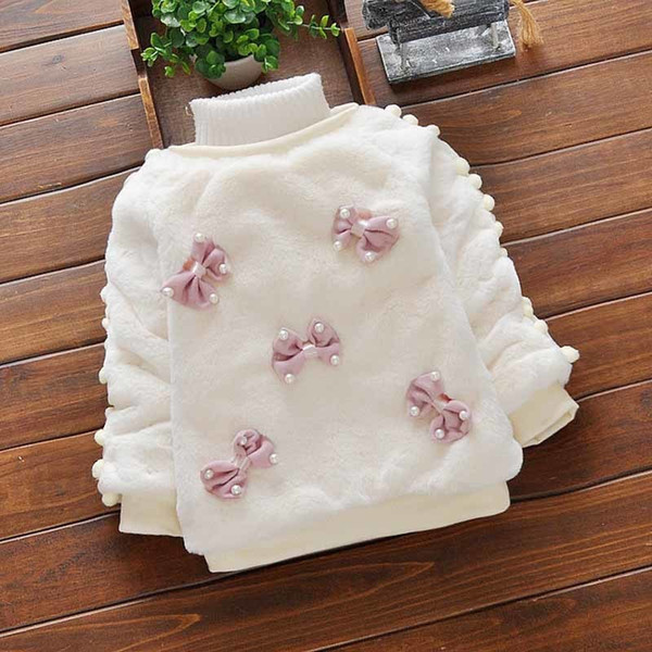quality kids baby girls children winter top clothing velvet plus bow cartoon character thick fur baby girls outerwears sweaters