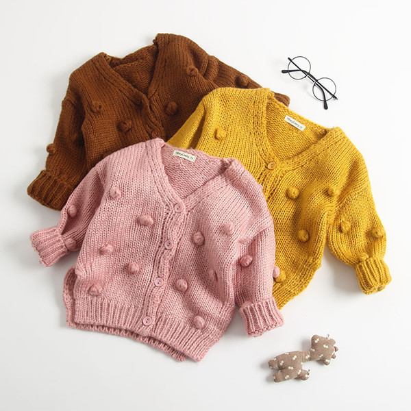 2019 Autumn New Arrival cotton pure color fashion all-match Knitted Hand-made Cardigan Sweater Coat for cute sweet baby girls