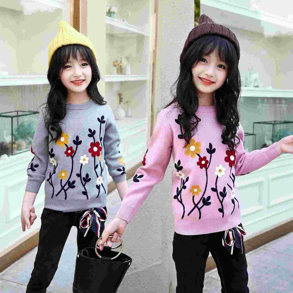 2018 Autumn Winter Girls Sweaters Children Clothing Kids Clothes Cute Flowers Sweater For Girls Clothes Pullovers 3 Colors 4-14Y