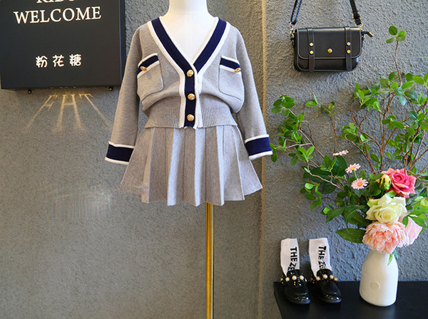 2019 ins new spring and autumn girls sweet knit top + skirt fashion children's princess set button design skirt free shipping