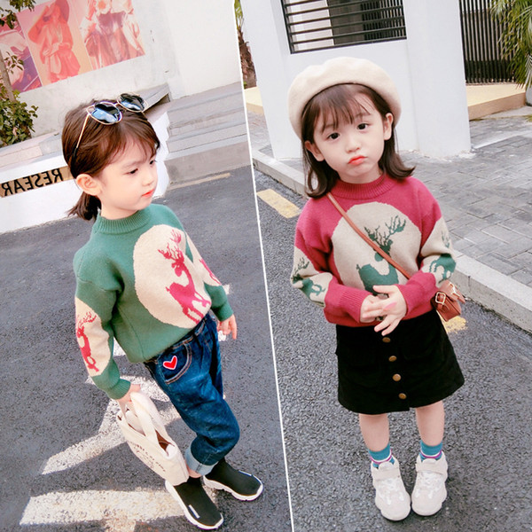 Girls sweater deer cartoon sweater blouse 2019 autumn and winter clothing new foreign trade children's clothing 3-8 years old