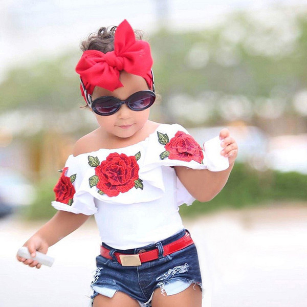 Baby Outfits 2017 Summer Rose Flower Off Shoulder Tops Denim Jeans Shorts Girls Clothing Sets 2 Piece Suit Ins Clothes Girls Clothes Z11