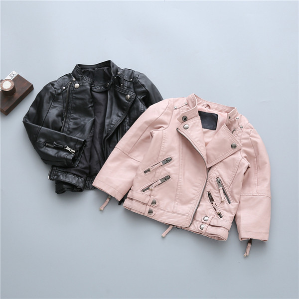 Girls Jacket Soft PU Leather Autumn Zipper Coat for Fashion Children Outerwear Black Pink Kids Jackets