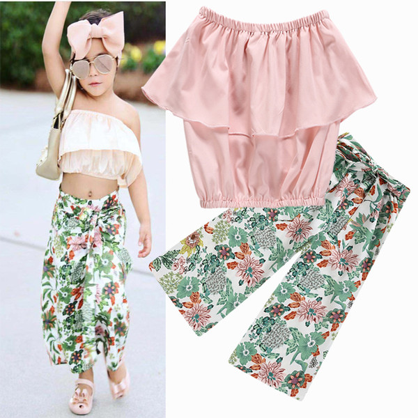 Baby Girls Outfits Children Off Shoulder Pink Top+ Bow Floral Pants 2pcs Set 2019 Summer Fashion Boutique kids Clothing Sets Z01