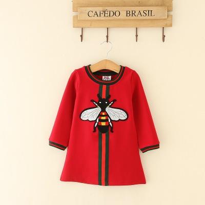 2019 New Baby Girls Big Bees Embroidered Dress Designer Style Girls Stripe Ribbon Long Sleeve Dresses kids Fashion Party Dress Clothing Z01