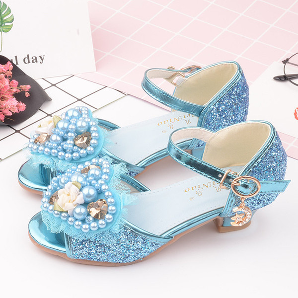 Kids Designer Sandals Kids Girls Wedding Shoes Pearl heart-shaped princess High Heels Dress Shoes Party Shoes For Girls Pink Blue