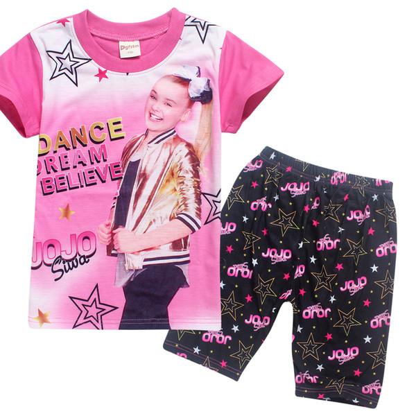 New Children JOJO Pajamas 2pcs/Set 2018 Summer Girls Jojo Siwa Tracksuit Cartoon Cute Pajamas outfits T Shirt+pants Pajamas Suit 4-9Y