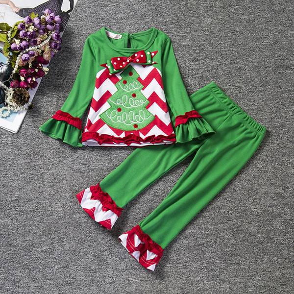 oreign trade new Christmas tree gauze top green trousers two piece suit girl children's wear suit