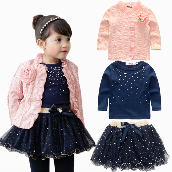 Wholesale New Kids Outfits 3pcs Baby Girls Clothing Sets Coat+T-shirt+Skirt Dress Tutu Princess Kids Clothes Set Suit Pink Costume