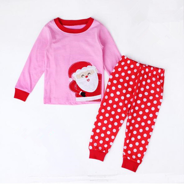 Pink Red White Polka Dots Child Christmas Pajamas Sets Santa Claus Girls Nightwear Clothes Trim Baby Toddler Top Pants Set
