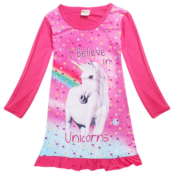 Girls Unicorn Dress Pajamas Kids Cotton long Sleeve Dress Sleepwear Summer Children Night Skirts 2 Colors B11