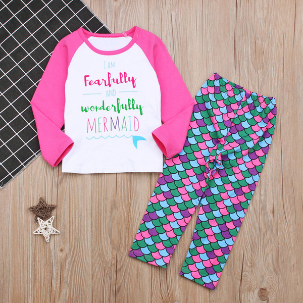 1-6T Girls mermaid pattern outfits 2pc sets letters printed raglan sleeve Long sleeve T shirt+fish scale pants cute pink kids homewear