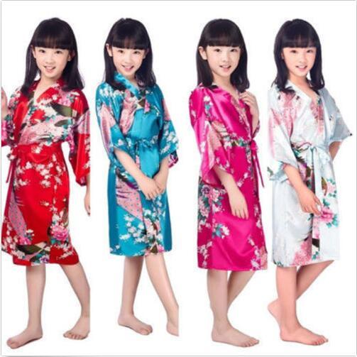 Kids Kimono Robe Girls Silk Pajamas Floral Robe Night Gown Rayon Bathrobe Sleepwear Children Fashion Payamas Flower Girl Night Dress J398