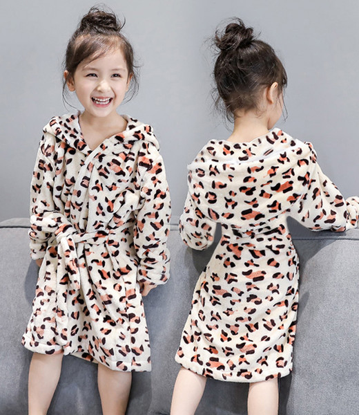 Girls Bathrobe Fashion Leopard Print Cotton Hooded Long One Piece Sleepwear Kids For 4-11 year old