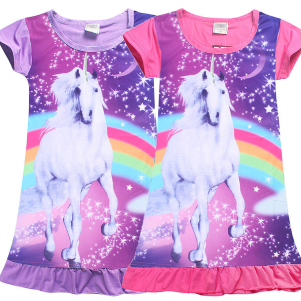 Girl Unicorn princess Pajamas dresses Kids baby girls new printing short sleeves dress summer cartoon Children night skirts 2 Colors Z11