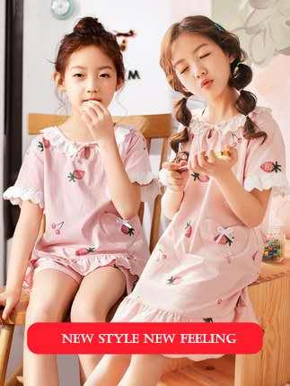 Girls Nightdress Short-sleeved Lovely Spring And Summer Cotton Children's Pajamas Baby Girl Summer Princess Home Service Parent-child 0303
