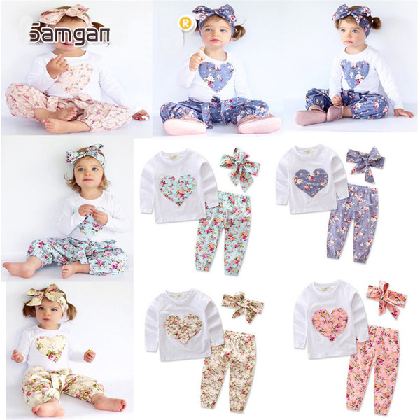 Baby heart-shaped flower outfits Kids Casual long sleeve T-shirts+pants+Bow headband 3pcs/sets Floral pajamas Clothing Sets