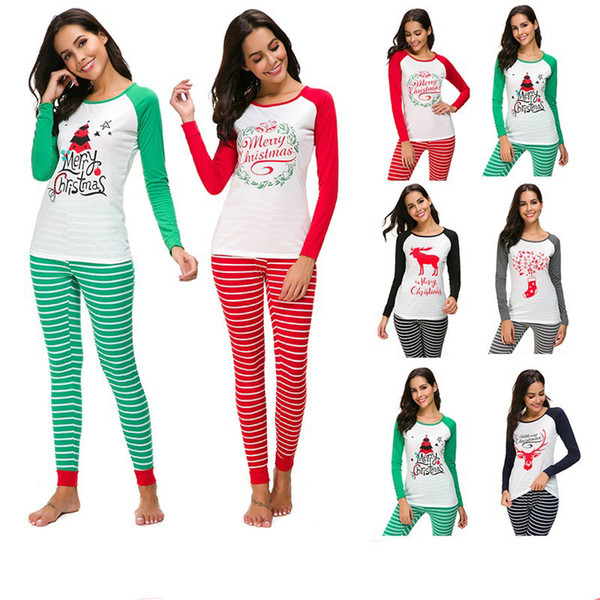 Women Christmas Pajamas Set Santa Claus Elk Print Pullover T shirt Striped Pants Suit Long Sleeve Homewear Autumn Outfits Xmas Sleepwear 5XL