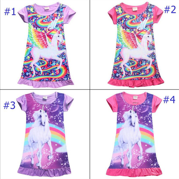 Girls Unicorn Dress Kids Pajamas Cotton Short Sleeve Dress Sleepwear Children Cartoon Summer Night Skirts Nightgown Summer 2 Colors 2018 New