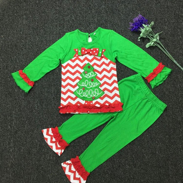 Girl Christmas tree rainbow stripe Pajamas sets 2017 new Kid Cotton cartoon long Sleeve + Pants 2pcs Suits kids clothes B