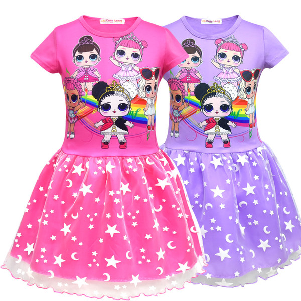 2 Colors Baby Girls Dresses Girl Cartoon Doll Cartoon Dresses Mesh Double Pleated Skirt Children's Jumpsuit Dresses Baby Clothing