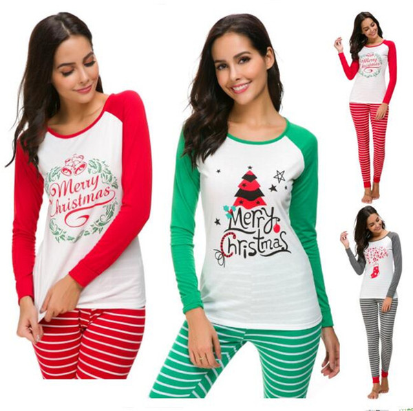 Women Christmas Pajamas Set Santa Claus Elk Print Pullover T shirt Striped Pants Suit Long Sleeve Homewear Autumn Outfits Xmas Sleepwear