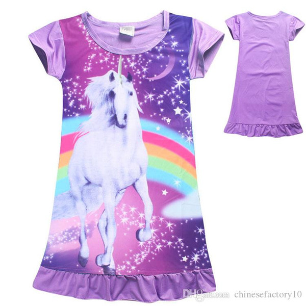 Girls Unicorn Pajamas Dress Kids Cotton Short Sleeve Dress Sleepwear Children Cartoon Summer Night Skirts Nightgown Summer 2 Colors
