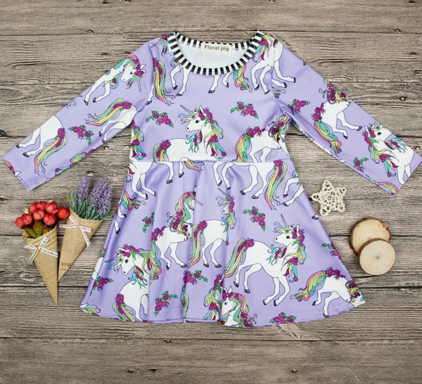 Girls Unicorn Long sleeve O-neck Dress Cotton Flower for 1-5T Girls rainbow horse Cartoon Cotton Dress