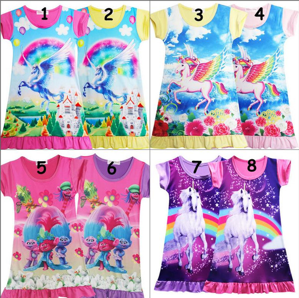 Summer Girl Dress Unicorn Cartoon Rainbow Pajamas Baby Kids Nightwear Cute Short Sleeve Falbala Dress Loose Trolls Sleepwear clothes