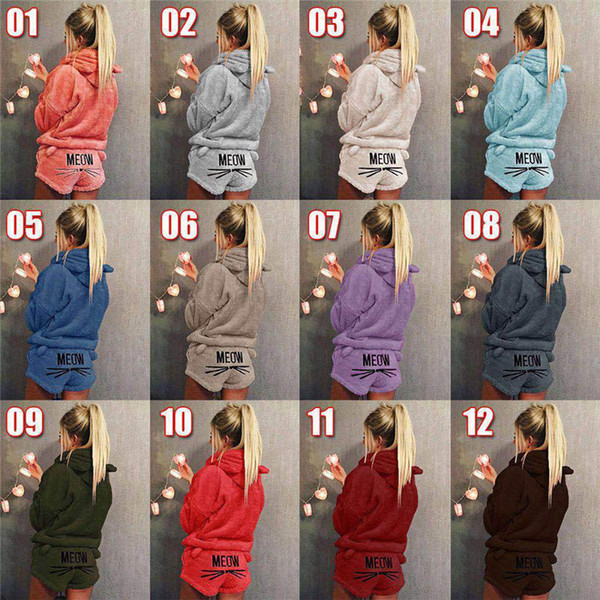 Winter Women Pajamas Cute Cat Embroidery O-Neck Pyjamas Women 2pcs/set Hooded Sweater Shorts Velvet Hoodie Sleepwear Warm Homewear S-5xl