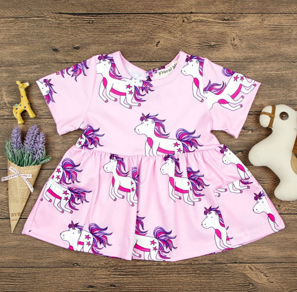Girls Unicorn Long sleeve O-neck pink Dress Cotton for 1-3T Girls rainbow horse Cartoon Cotton Dress