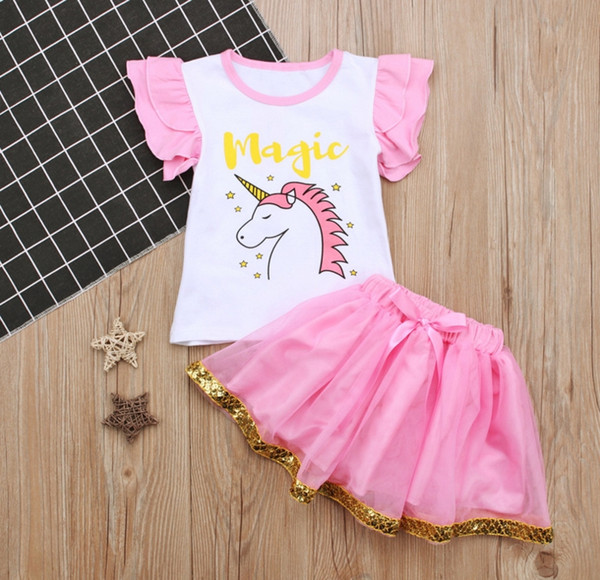 Girls Unicorn short sleeve T-shirt Lace TUTU Dress 100% Cotton for 1-3T Girls horse Cartoon Cotton Dress