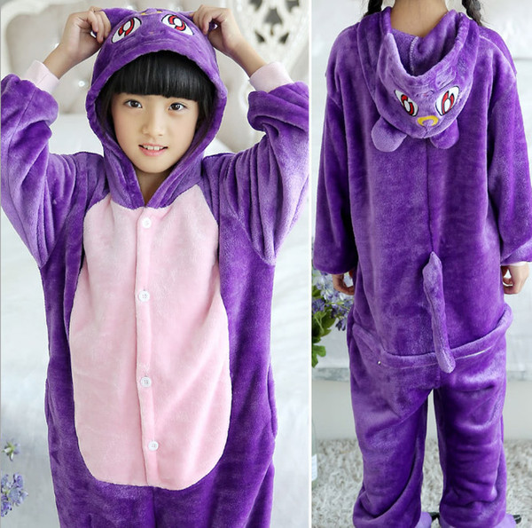 Good girl Child purple cat flannel pajamas Onesies long-sleeved cartoon parent-child pajamas animal pattern pajamas home clothe party