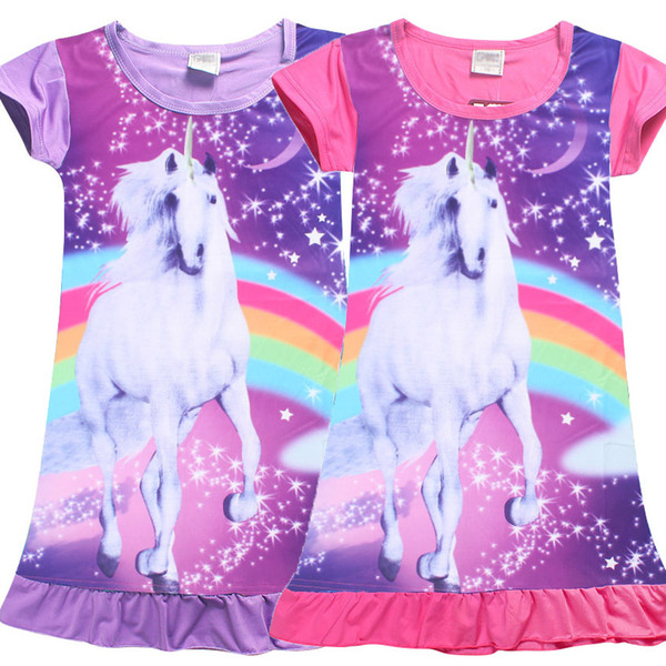Children Girls Unicorn Princess Pajamas Dresses Kids Baby Printing Short Sleeves Dress Summer Cartoon Night Skirts 110-140cm 2 Colors
