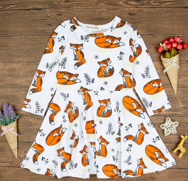 Girls Fox Long sleeve O-neck Dress 100% Cotton for 1-5T Girls rainbow horse Cartoon Cotton Dress