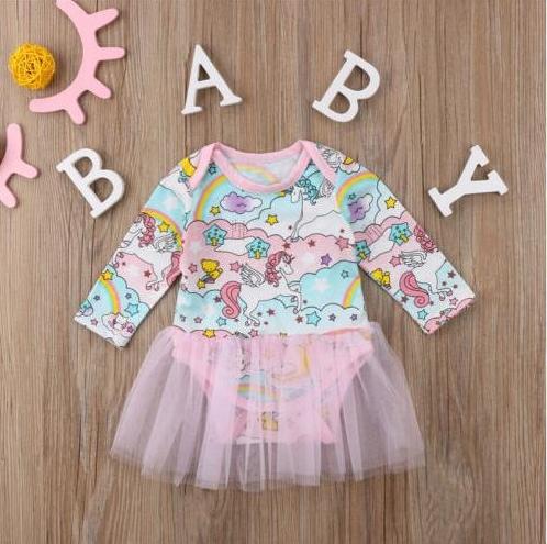 Baby Girls Unicorn Long sleeve O-neck Lace dress romper 100% Cotton for 0-2T Girls rainbow horse Cartoon Cotton Dress
