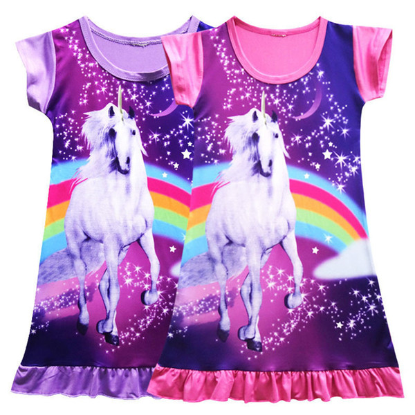 Children Girls Unicorn Princess Pajamas Dresses Kids Baby Printing Short Sleeves Dress Summer Cartoon Night Skirts