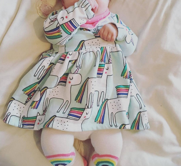 Baby Girls Unicorn Long sleeve O-neck Dress 100% Cotton for 0-2T Girls rainbow horse Cartoon Cotton Dress
