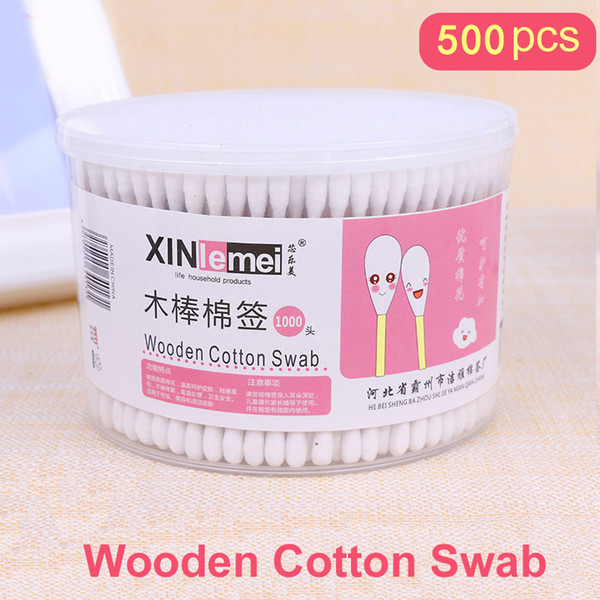 Free shipping 500pcs/Box Wooden Cotton Swabs Double-headed Disposable Cotton buds Tips Nose Ear Cleaning Soft Cotton Swabs Makeup Tool