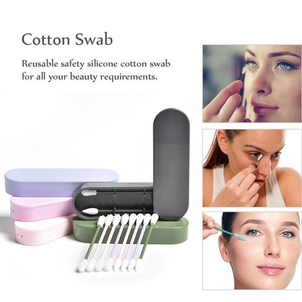 Silicone cotton swab stick reused cotton swab stick double head silicone looping ear stick Swab Ear Cleaning Cosmetic Buds Swabs Box 5 color