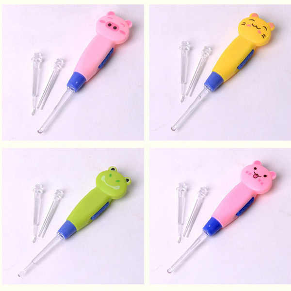 Kids Cartoon safe LED Lighting EarPick Earwax Curette Remover Tool ear cleaner spoon flashlight fish cartoon animal cat pig frog style