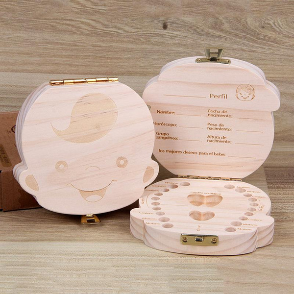 4 Language Baby Tooth Box Organizer for Children Save Milk Teeth Wooden Tooth Box Gift for Boy and Girl