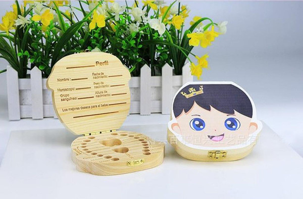 2018 New Wholesale Tooth Box for Baby Save Milk Teeth Boys/Girls Image Wood Storage Boxes Creative Gift for Kids Travel Kit 2 styles C1892