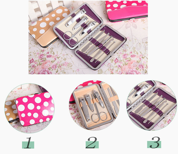 Cheap nail set of 9 Manicure Set Leather case Nail clippers beauty nail tools polka dot manicure tools nine sets 2150