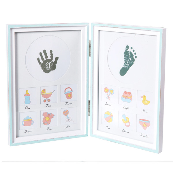 2018 DIY Baby Handprint Footprint Picture Frame Kit Foldable Wooden Photo Frame Non-toxic Inkpad Blue/Pink Newborn Baby Souvenir