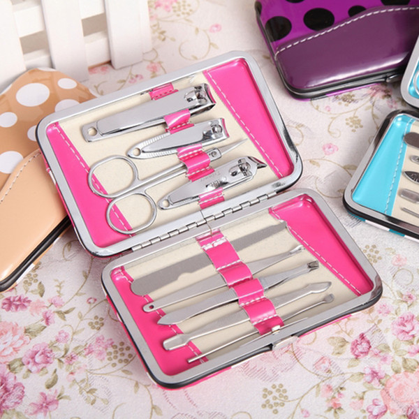 Manicure Set Leather case nail set of 9 Nail clippers beauty nail tools polka dot manicure tools nine sets 2150