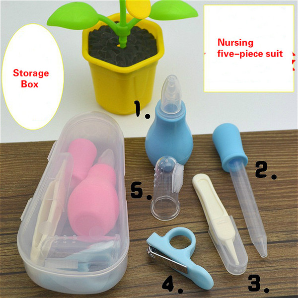 Baby Care Five-piece Set with Storage Box Suction Nose Nail Clipper Safety Tweezers Dropper Medicine Feeder Finger Set Toothbrush