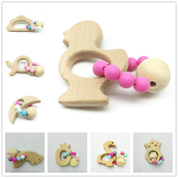 Ins Baby Teether Rings Food Grade beech Wood Flamingo Shape Teethers Bracelet Infant Pacifier Teething Chew Toys Newborn Shower Rings E3308