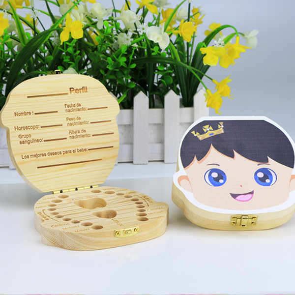 Fashion Baby Teeth wooden Storage Box Girls Boys Image Kids Tooth Save Wool Box Creative Gift for Children Trave Kit English Spanish Version