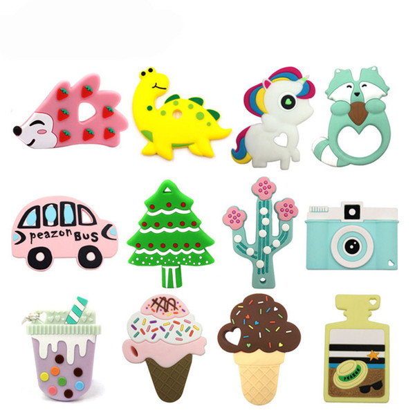 Baby Silicone Teether BPA Free Teething Toy Dinosaur Hedgehog car Cactus Elephant Unicorn Ice cream Alpaca toys Hot selling Z0467